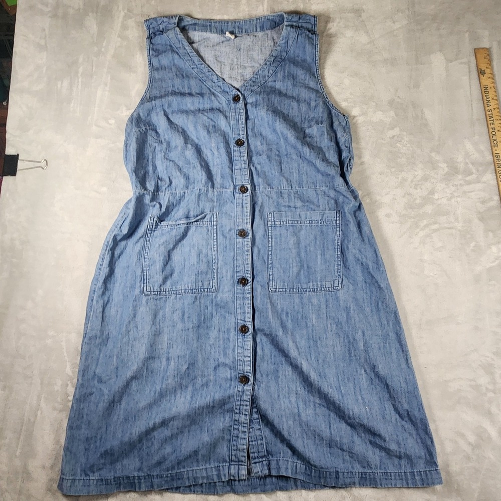Old Navy Denim Midi Dress Women XL Blue Button Front Sleeveless Pocket Minimalis